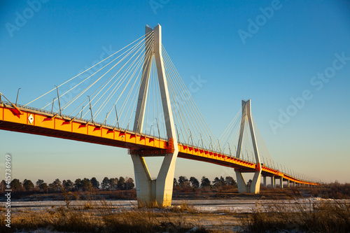 Picturesque view of Murom cable-stayed bridge over Oka river, Russia