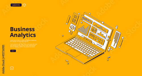 Business analytics banner. Concept of analysis company strategy and management, research financial information. Vector landing page of statistic report with isometric graph and charts on laptop screen