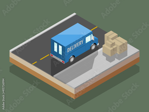Isometric delivery van. Cargo truck transportation box on route, Fast delivery logistic 3d carrier transport, 3d flat isometry city freight car, infographic loading goods. Low poly style vehicle truck