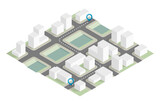 Isometric city map navigation, point markers background, flat isometry drawing schema, 3D simple city plan GPS navigation, final destination arrow paper city map. Route delivery check point graphic