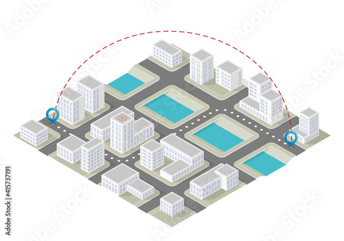 Isometric city map navigation, point markers background, pin isometry drawing schema, 3D simple city plan GPS navigation, final destination arrow paper city map. Route delivery check point graphic