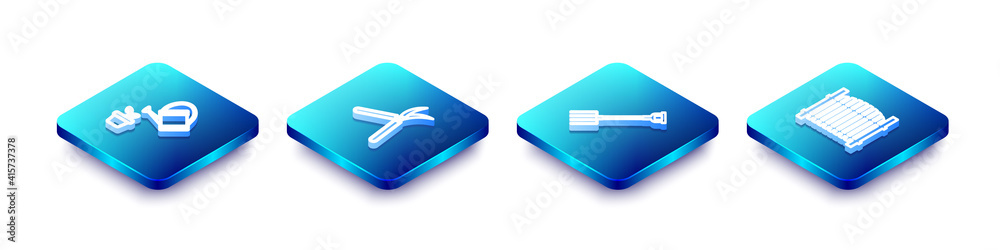 Set Isometric line Watering can, Gardening handmade scissor, pitchfork and fence icon. Vector. Set Isometric line Watering can, Gardening handmade scissor, pitchfork and fence icon. Vector.