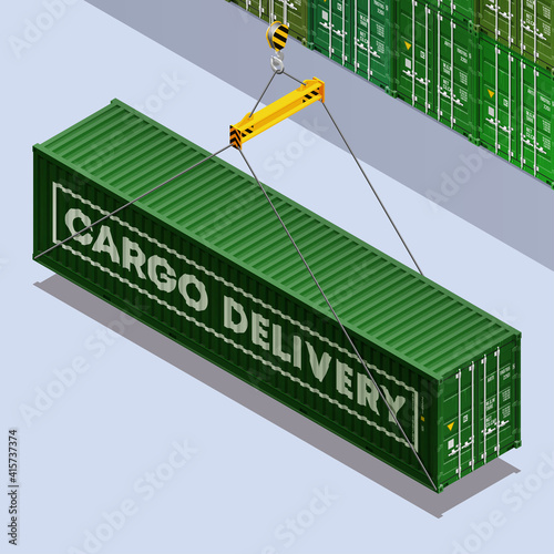 3D Isometric shipping cargo 40 ft container with closed doors. Large metal 40 foot containers for transportation. Delivery of cargo shipping. 3d illustration