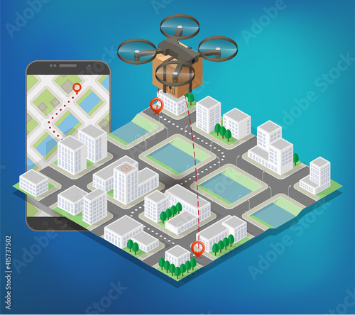 Drone delivery above the flat city with phone concept illustration. Quadcopter flying over a town and smartphone carrying a package to customer. 3d isometric icon