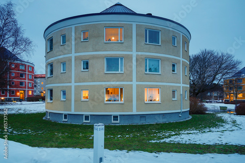 Stockholm, Sweden Round residential apartment houses in the Beckomberga part of the Bromma suburb and built in 1954 by architect Nils Sterner. photo