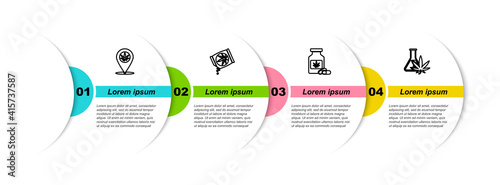 Set line Location and marijuana, Marijuana or cannabis seeds, Medical bottle with and Test tube. Business infographic template. Vector.