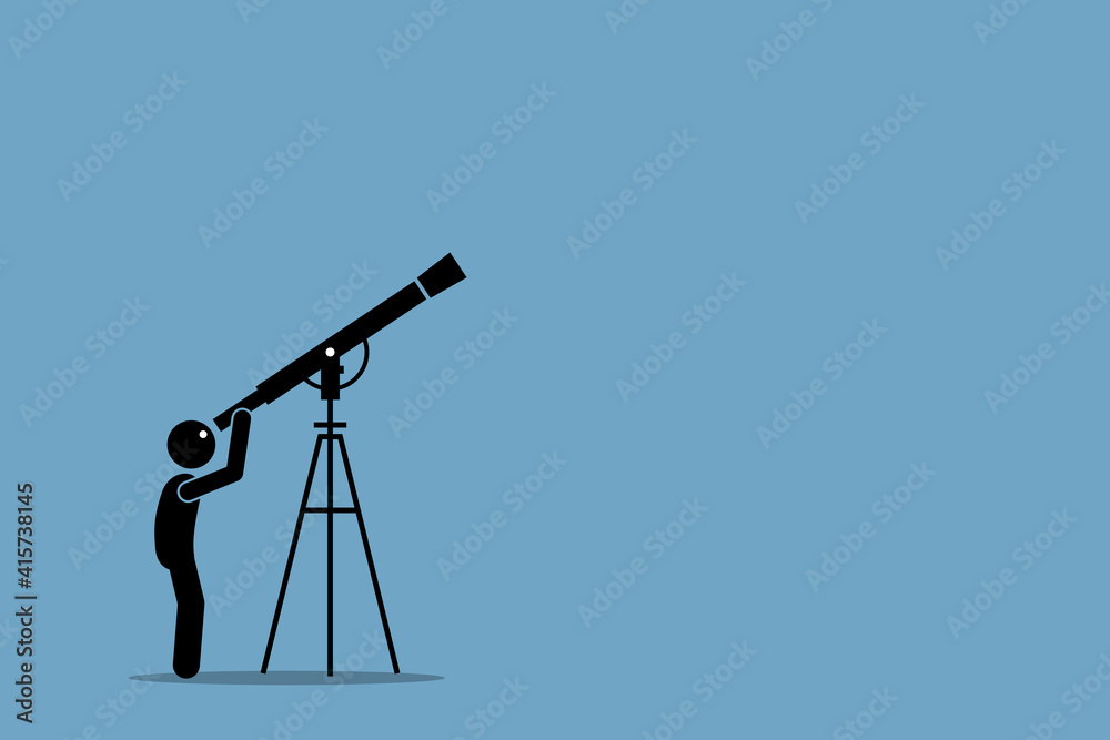 Stick figure man looking through telescope pointing to the sky. Vector  illustration concept of star gazing, universe discovery, far away distant,  space research, and curiosity. Stock Vector | Adobe Stock