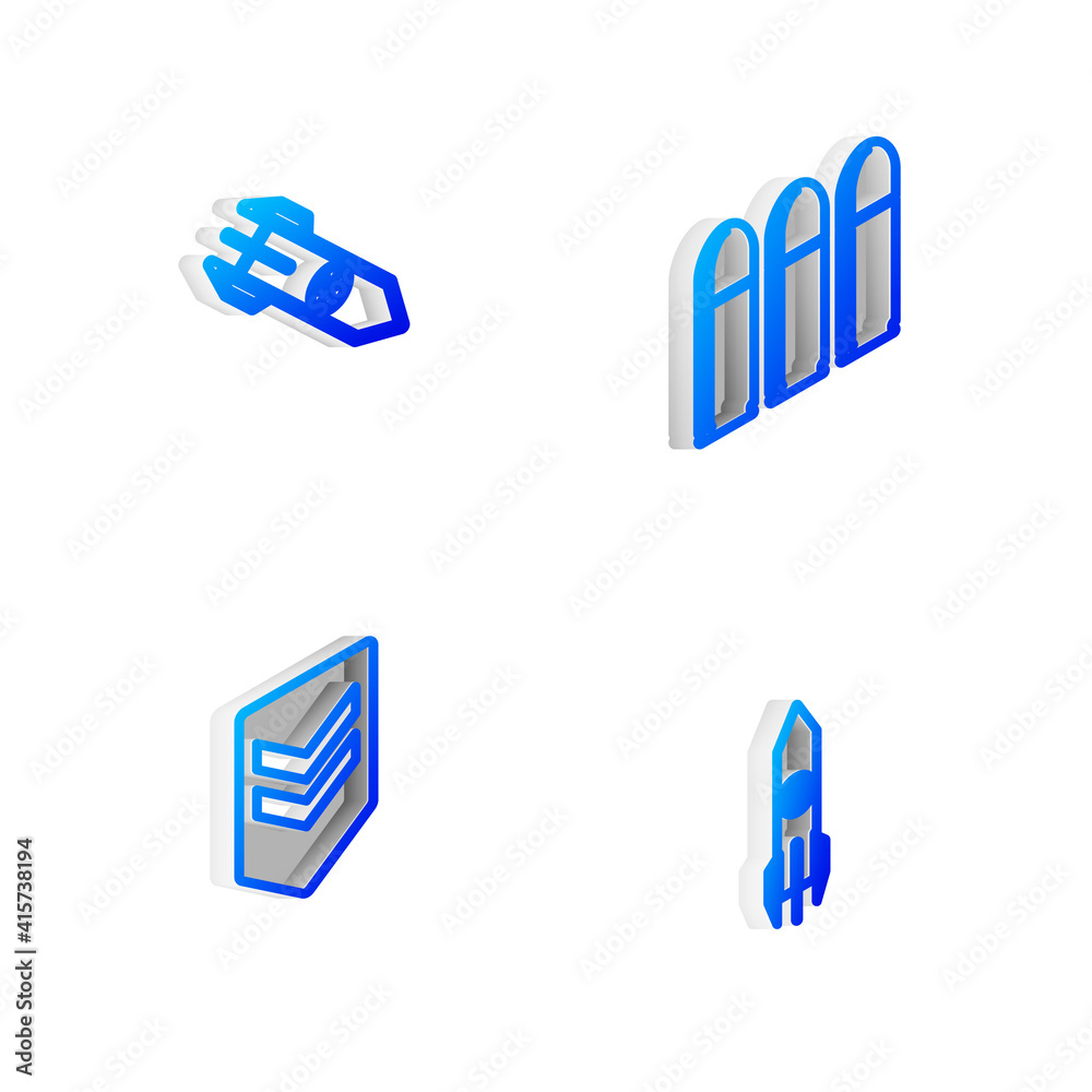 Set Isometric line Bullet, Nuclear rocket, Chevron and icon. Vector. Set Isometric line Bullet, Nuclear rocket, Chevron and icon. Vector.