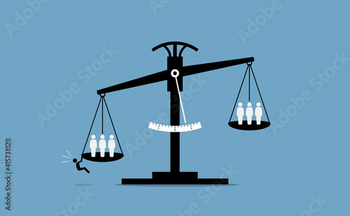 Scale of justice with a person trying to influence the result. Vector illustration concept of unfair advantage, cheating, deception, justice corruption, conspire, and law manipulation. photo