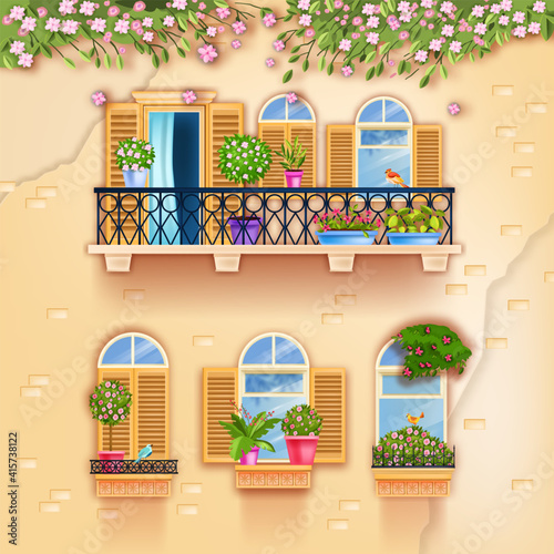 Vintage house facade balcony, old town windows postcard, spring blossom branches, home plants, flowerpots. European city architecture background with brick wall, shutters, arch. Street balcony, window