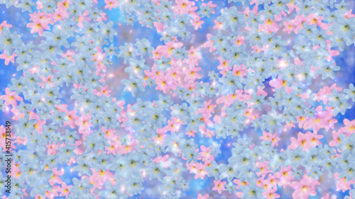 Spring 3d background with blue and pink flying flowers