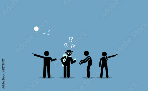 Traveler try to find a location with a compass and people are misleading him with different destinations. Vector illustrations concept of confusions, mislead, complications, ambiguity, and inaccuracy.