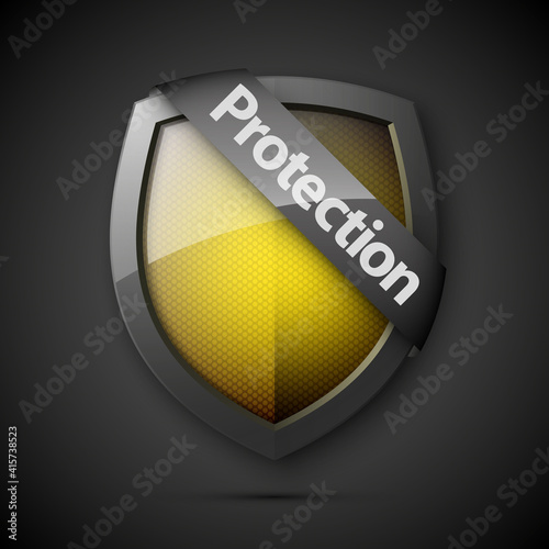 Protection ribbon shield concept with banner. Safety badge icon. Privacy banner tape. Security band protected label. Defense tag. Presentation sticker shape. Defense sign illustration