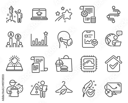 Science icons set. Included icon as Settings blueprint, Website education, Hypoallergenic tested signs. Fireworks, Documents, Report checklist symbols. Sun energy, Computer mouse, Timeline. Vector