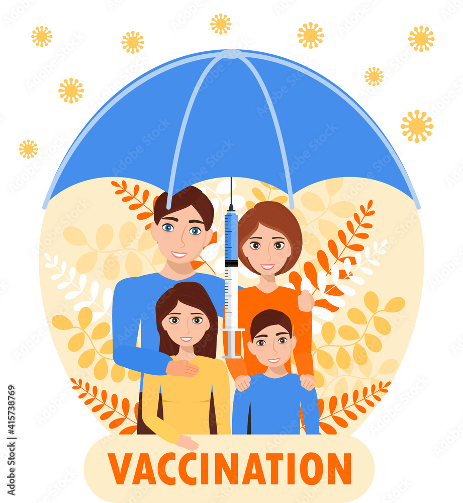 Family vaccination concept vector. Time to vaccinate for adult and children for protection against virus, flu, measles. Big umbrella with syringe Family vaccination concept vector. Time to vaccinate for adult and children for protection against virus, flu, measles. Big umbrella with syringe