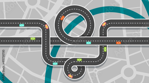 City map with cars - top view roads and streets in town - vector cartoon
