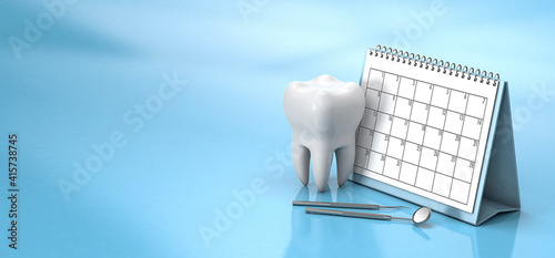 Reminder calendar for visiting the dentist. Dental appointment, check. Calendar with a tooth and a dental mirror on a blue background. Copy space for text. 3d render