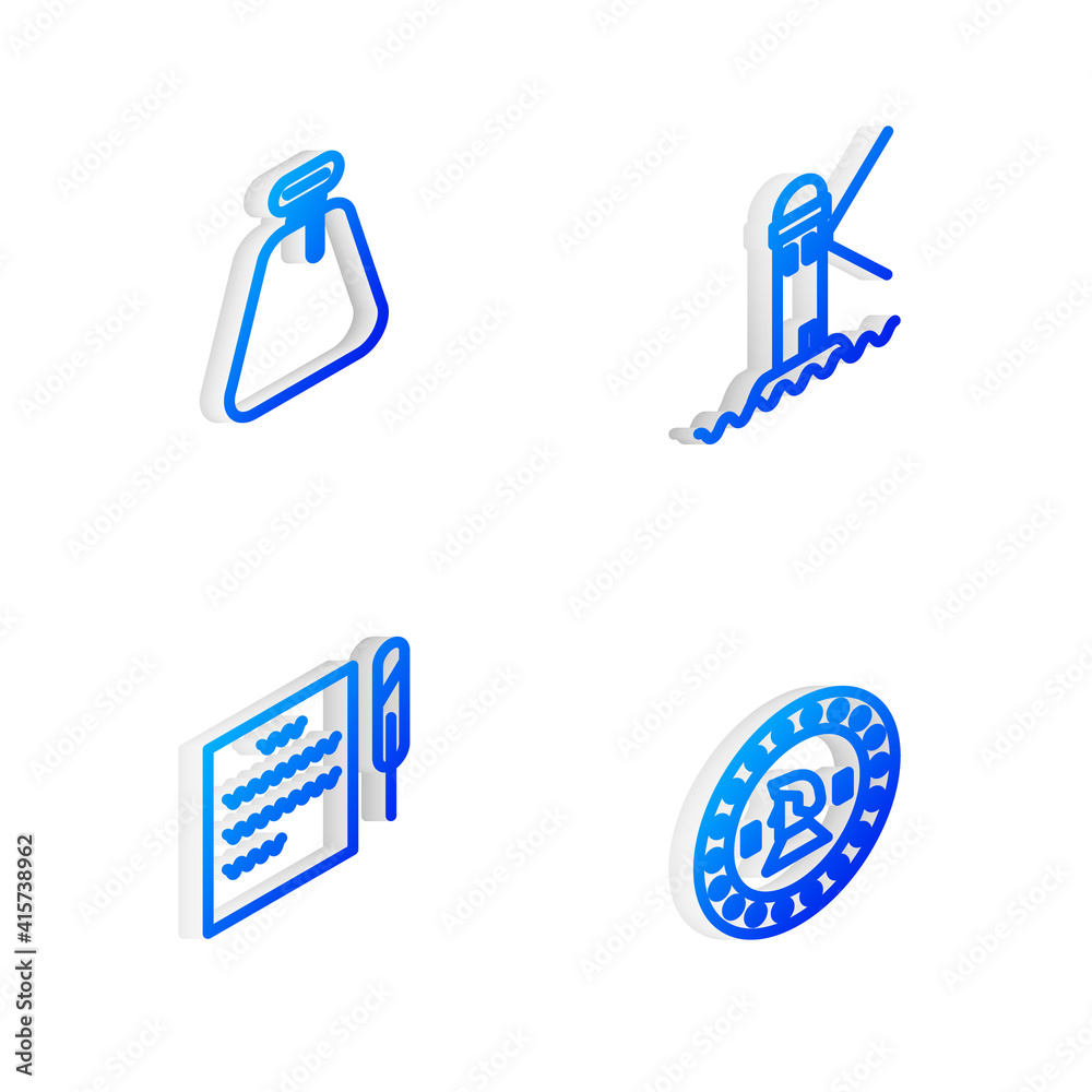 Set Isometric line Lighthouse, Pirate sack, Feather pen and scroll and coin icon. Vector. Set Isometric line Lighthouse, Pirate sack, Feather pen and scroll and coin icon. Vector.
