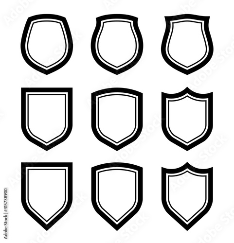 Protect guard shield plain line concept. Outline shield badge. Safety icon set. Privacy banner kit. Security label. Flat style protect sticker symbol shape. Safeguard simple sign linear pictogram