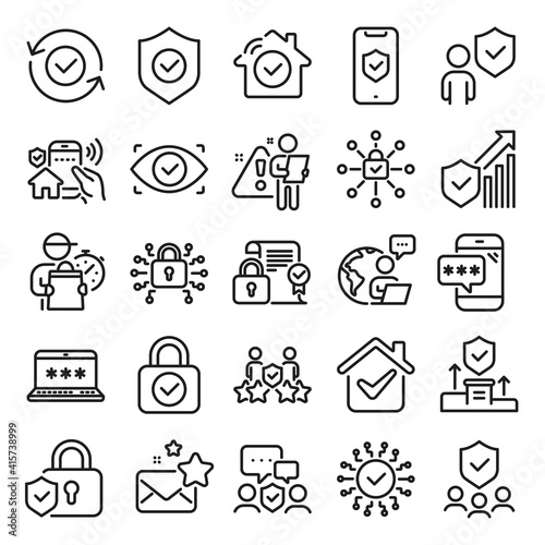 Security line icons. Cyber lock, password, unlock. Guard, shield, home security system icons. Eye access, electronic check, firewall. Internet protection, laptop password. Line icon set. Vector