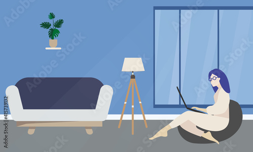 Woman working at home at the computer. Collection of interiors with stylish comfy furniture and home decorations. The concept of comfortable work in the office or at home. Flat vector illustration.