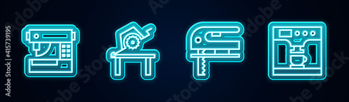 Set line Sewing machine, Table saw for woodwork, Electric jigsaw and Coffee and cup. Glowing neon icon. Vector.