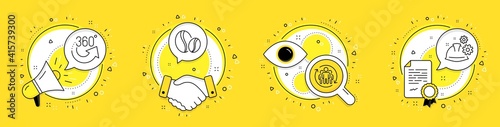 Teamwork, Coffee beans and 360 degrees line icons set. Megaphone, licence and deal vector icons. Working process sign. Employees change, Whole bean, Full rotation. Engineer helmet. Vector