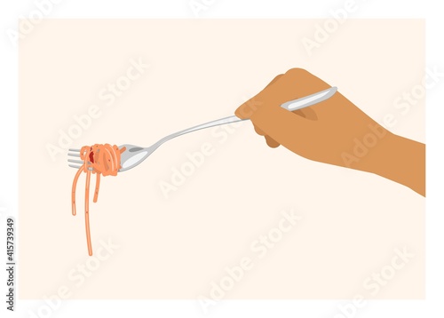 Hand holding fork rolled with noodles. Simple flat illustration