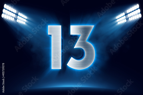 Number 13 background, 3D 13 object made of metal, illuminated with floodlights