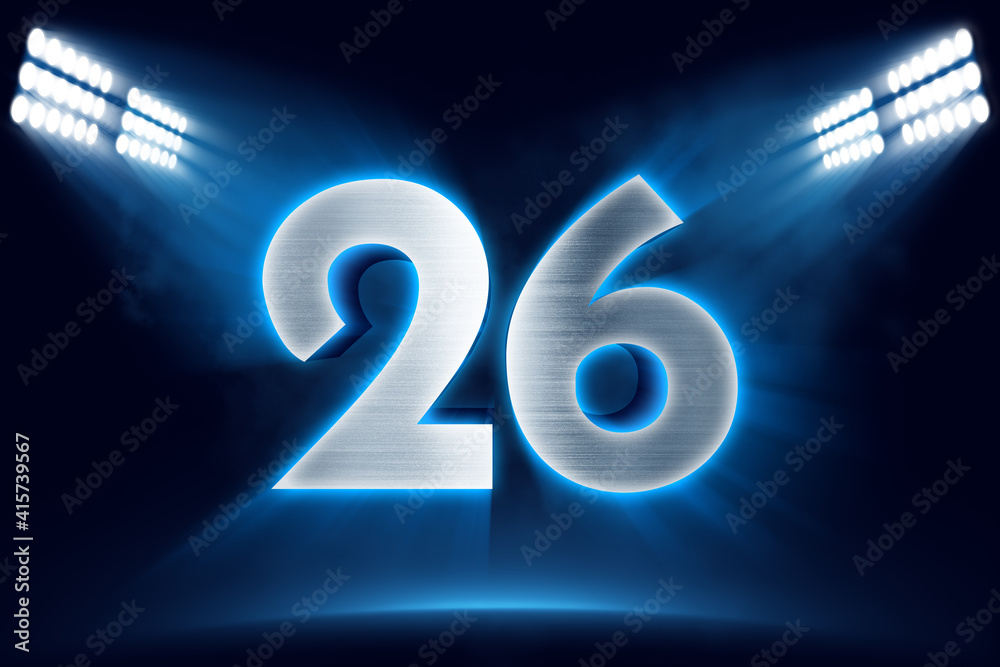 Number 26 background, 3D 26 object made of metal, illuminated with floodlights - obrazy, fototapety, plakaty 