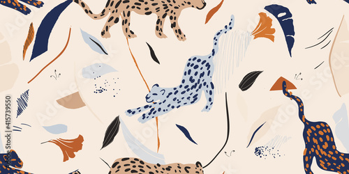 Photography Hand drawn abstract collage pattern with leopards