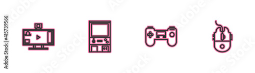 Set line Live streaming online, Gamepad, Retro arcade game machine and Computer mouse gaming icon. Vector.