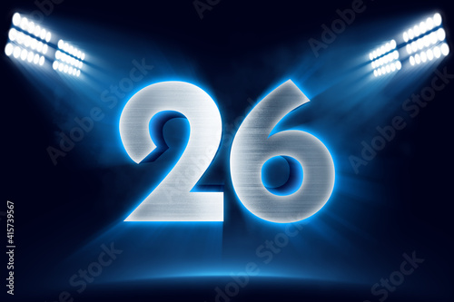 Number 26 background, 3D 26 object made of metal, illuminated with floodlights