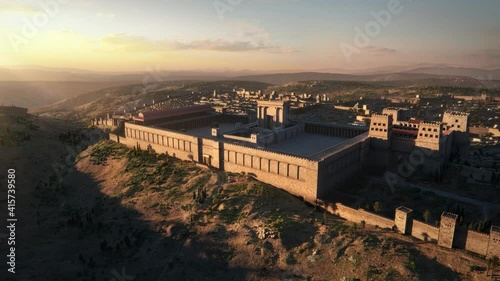 A panoramic view of the restored model of the Second Temple at dusk, which stood on the Temple Mount in Jerusalem, between 516 BCE and 70 CE. Some elements are from OpenStreetMap.