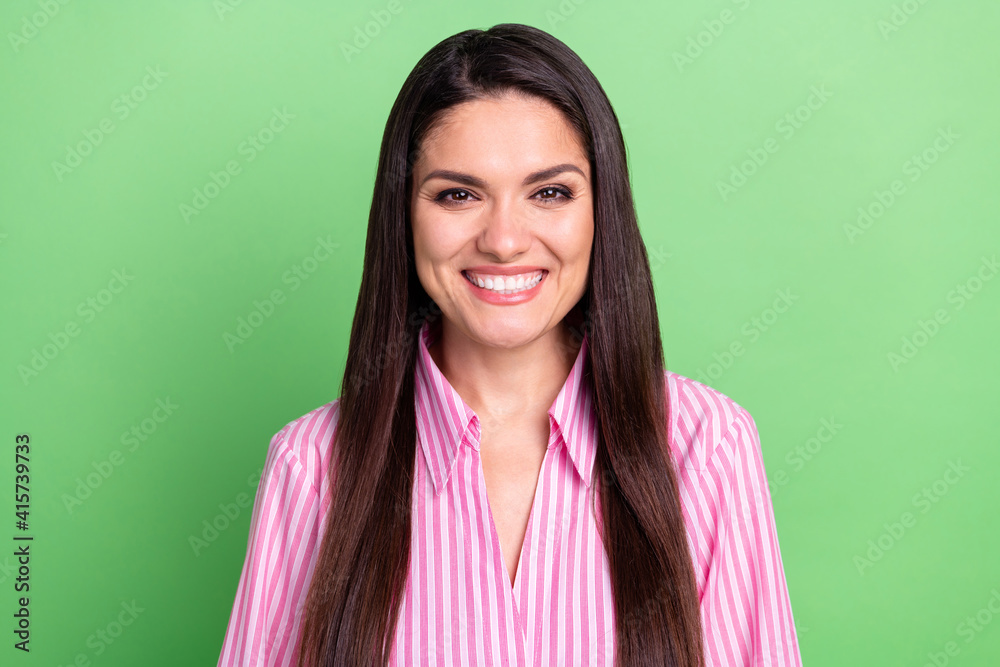 Fototapeta premium Portrait of nice attractive glad cheerful girl wearing casual blouse isolated over green pastel color background