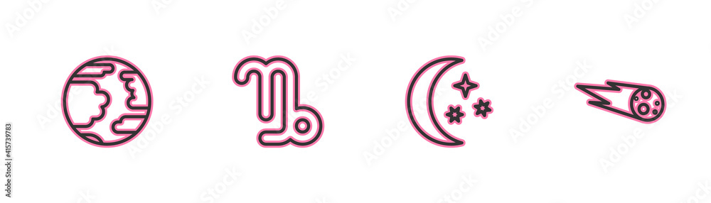 Set line Planet Mercury, Moon and stars, Capricorn zodiac and Comet falling down fast icon. Vector. Set line Planet Mercury, Moon and stars, Capricorn zodiac and Comet falling down fast icon. Vector.