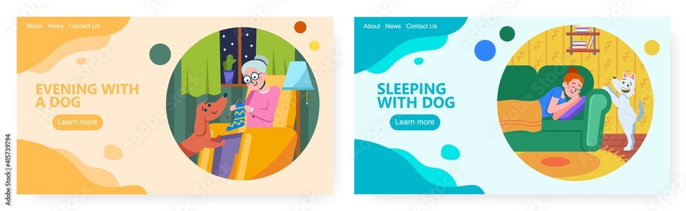 Retiree lifestyle landing page design, website banner vector template set. Pet love and companionship. Retiree lifestyle landing page design, website banner vector template set. Pet love and companionship.
