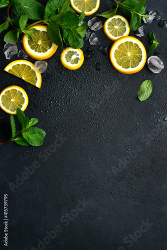 Fresh ingredients for making citrus lemonade or cocktail. Top view with copy space.