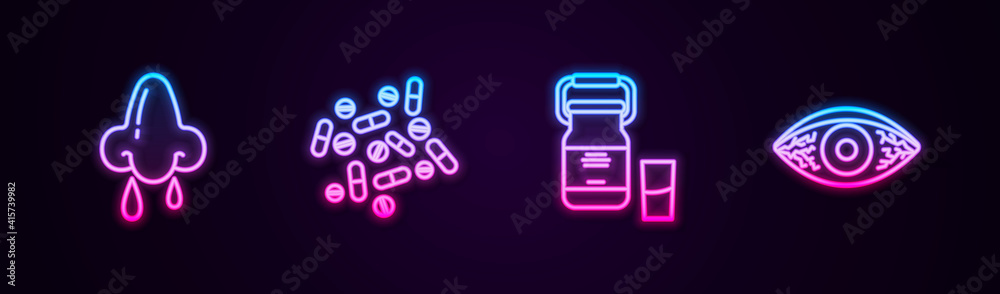 Set line Runny nose, Medicine pill or tablet, Can container for milk and Reddish eye allergic conjunctivitis. Glowing neon icon. Vector. Set line Runny nose, Medicine pill or tablet, Can container for milk and Reddish eye allergic conjunctivitis. Glowing neon icon. Vector.