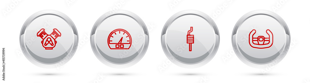Set line Car engine, Speedometer, muffler and Sport steering wheel. Silver circle button. Vector. Set line Car engine, Speedometer, muffler and Sport steering wheel. Silver circle button. Vector.
