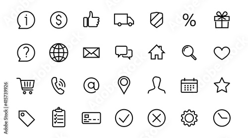 Home, location, globe, user, chat, email, phone, Info, mobile. Buttons E-commerce black isolated vector line icon set. Online shop, website, fulfilment service. Delivery and shipping symbols.