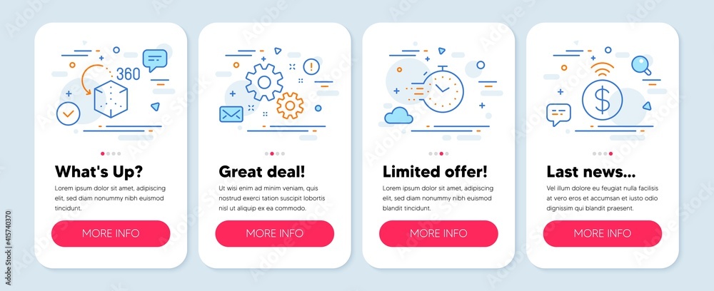 Set of Technology icons, such as Work, Augmented reality, Timer symbols. Mobile app mockup banners. Contactless payment line icons. Settings, Virtual reality, Deadline management. Vector Set of Technology icons, such as Work, Augmented reality, Timer symbols. Mobile app mockup banners. Contactless payment line icons. Settings, Virtual reality, Deadline management. Vector