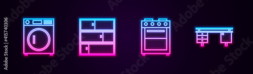 Set line Washer, Shelf, Oven and Office desk. Glowing neon icon. Vector.