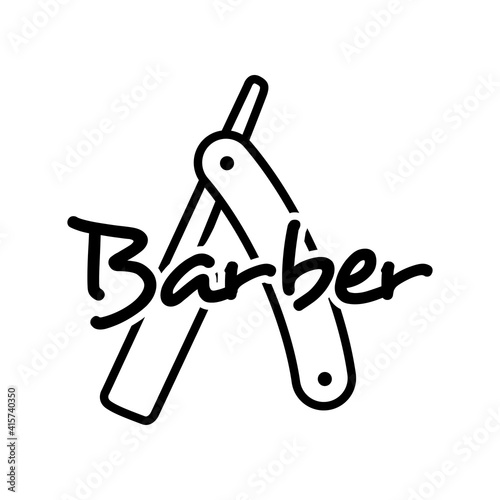 Logotipo con texto manuscrito Barber escrito a mano con navaja de afeitar con lineas en color negro