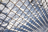 metal mesh, fence on white snow background in winter day in close-up