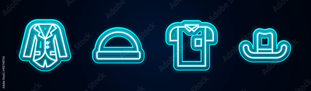 Set line Blazer or jacket, Beanie hat, Polo shirt and Man. Glowing neon icon. Vector. Set line Blazer or jacket, Beanie hat, Polo shirt and Man. Glowing neon icon. Vector.