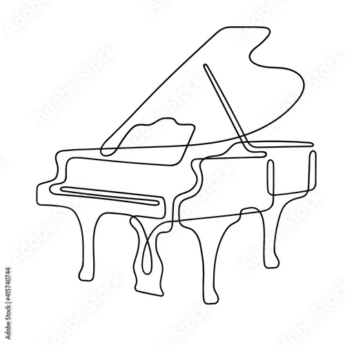 One line drawing. Musical acoustic instrument grand piano with an open lid.