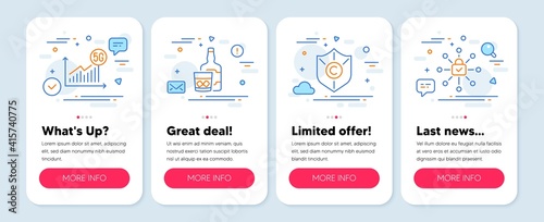 Set of Business icons, such as Copyright protection, 5g statistics, Whiskey glass symbols. Mobile screen banners. Security lock line icons. Shield, Wifi chart, Scotch drink. Cyber network. Vector