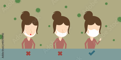 illustration vector, girl in face mask with virus in air during COVID-19 situation, image shows how to wear mask properly covering over nose and mouth, concept of flu prevention to stop the pandemic.