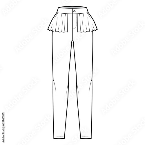 Pants peplum technical fashion illustration with extended normal waist, high rise, full length, frilled skirt. Flat bottom trousers apparel template front, white color. Women men unisex CAD mockup